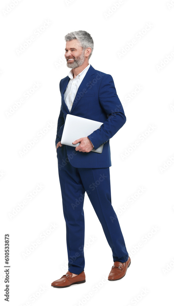 Mature businessman in stylish clothes with laptop on white background Mature businessman in stylish clothes with laptop on white background