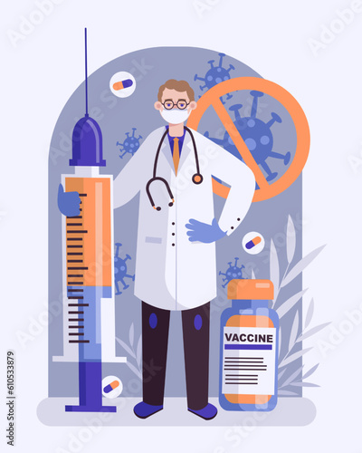 Medical worker in white protective coat and mask standing near big syringe and jar with vaccine in hospital. Disease prevention and virus protection concept. Vector illustration in cartoon style