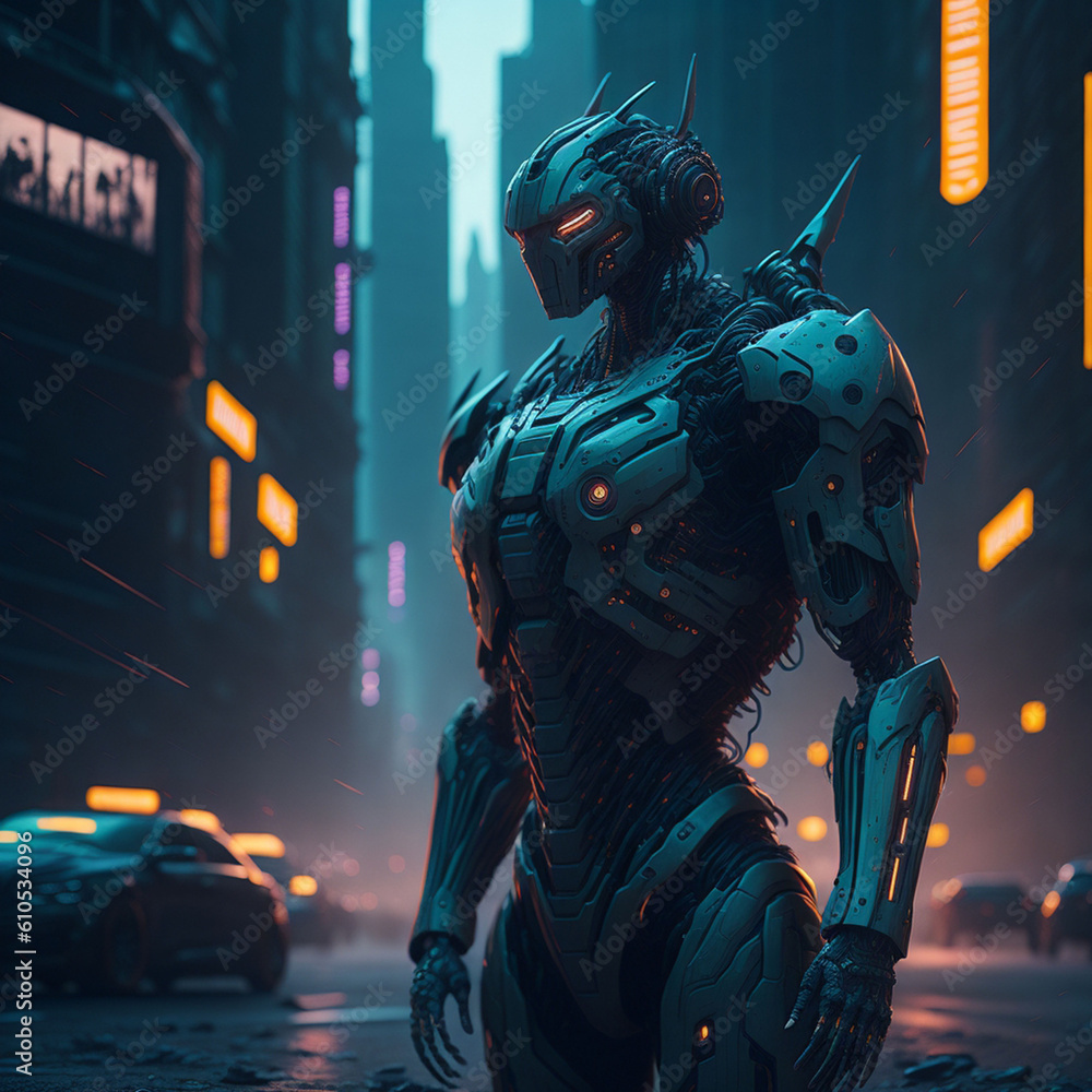 Fototapeta premium 3D rendering of cyborg in the city at night.