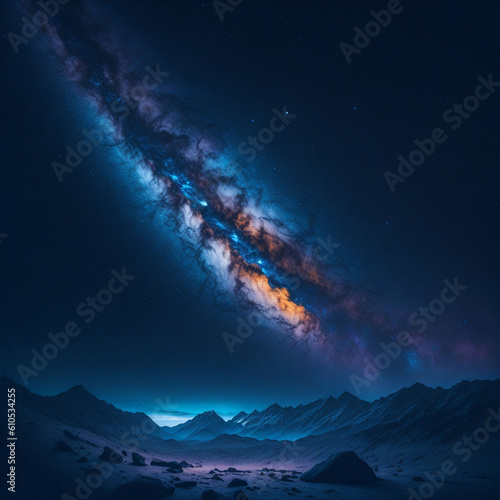 Fantasy alien planet. Mountain and starry sky.