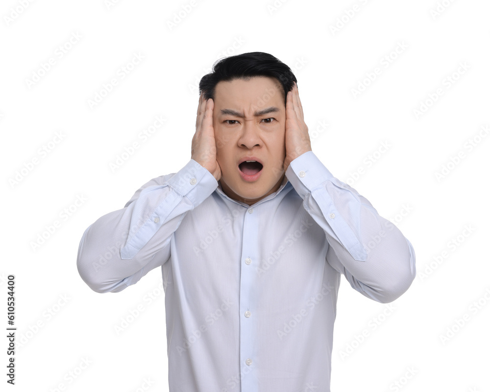 Shocked businessman in formal clothes screaming on white background Shocked businessman in formal clothes screaming on white background