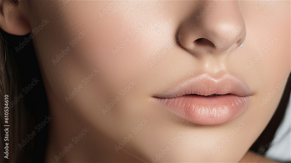 close up of female face, focused on lips cheek and nose, generative AI