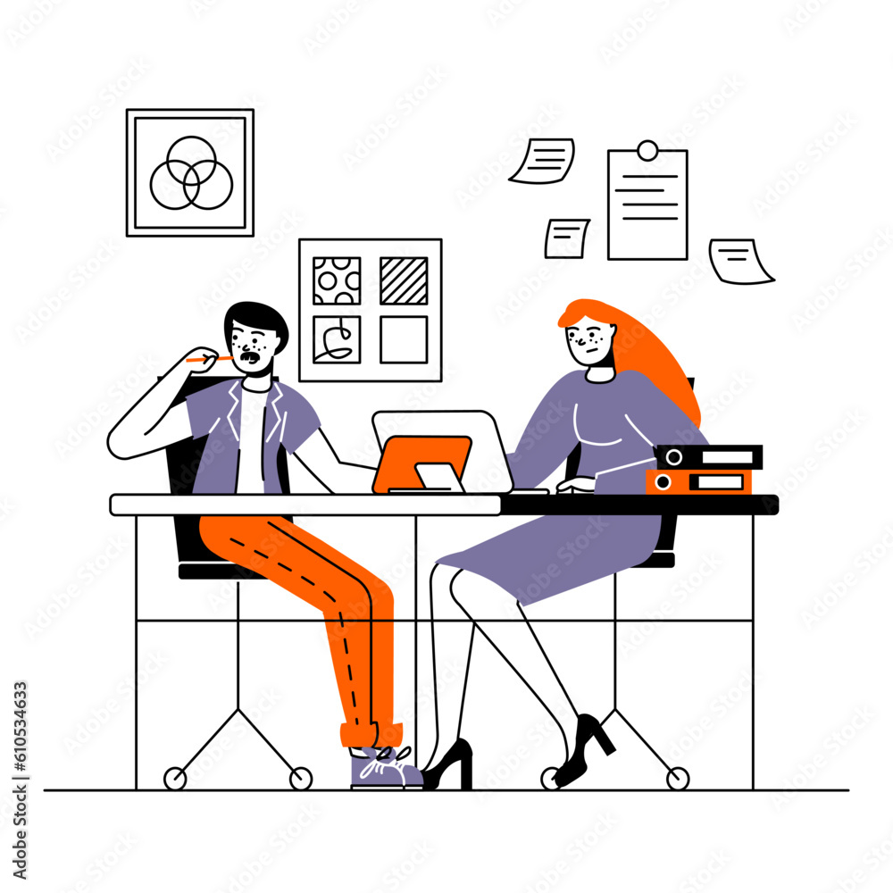 Young busy female sitting on armchair and working on laptop. Man sitting near and drawing on tablet. Business concept. Flat vector illustration in purple and orange colors