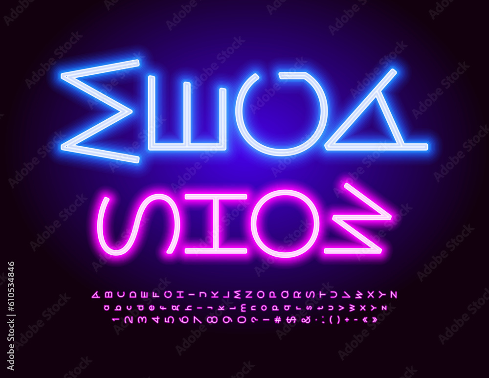 Vector neon poster Mega Show. Rotated glowing Font. Purple Led Alphabet Letters, Numbers and Symbols set Vector neon poster Mega Show. Rotated glowing Font. Purple Led Alphabet Letters, Numbers and Symbols set