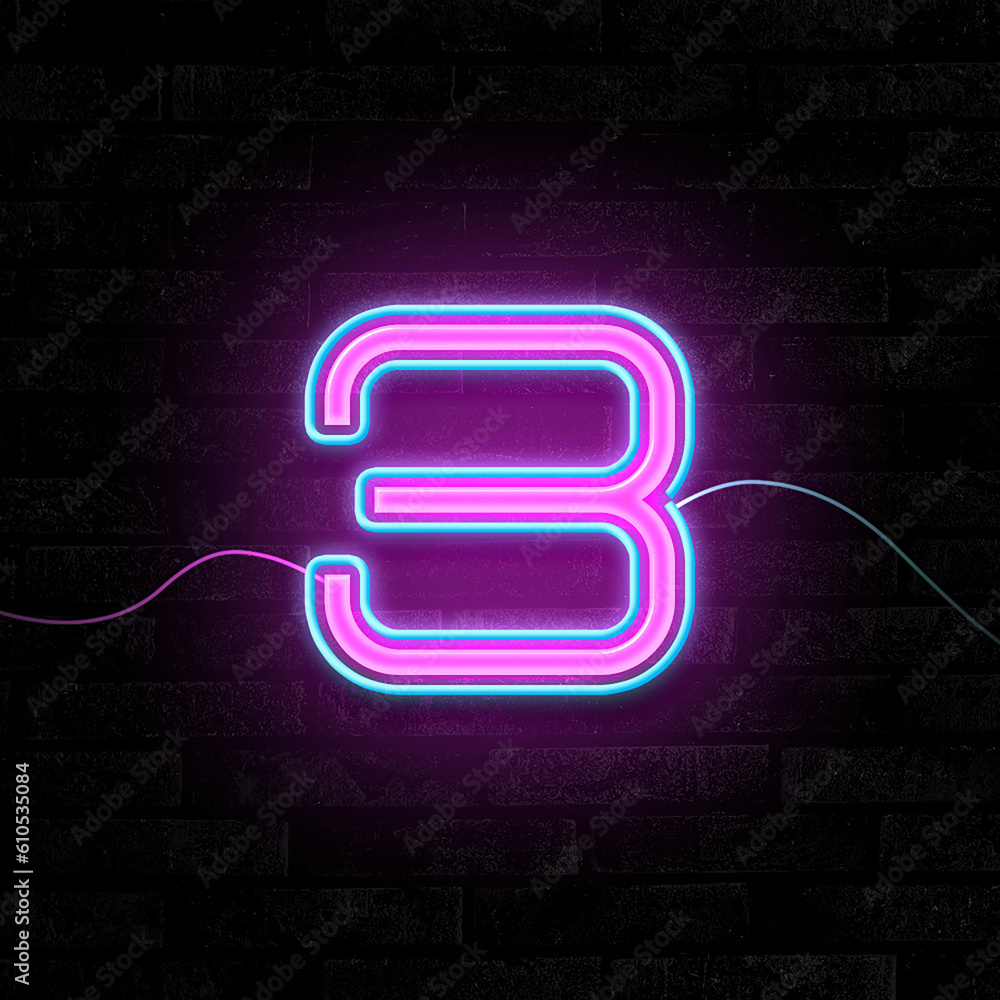 Glowing neon number 3 sign on brick wall Glowing neon number 3 sign on brick wall