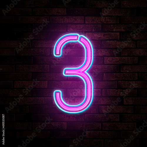 Glowing neon number 3 sign on brick wall