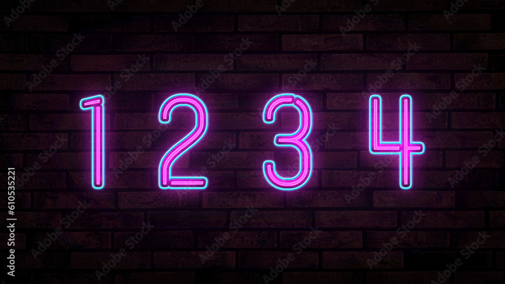 Glowing neon number (1, 2, 3, 4) signs on brick wall Glowing neon number (1, 2, 3, 4) signs on brick wall