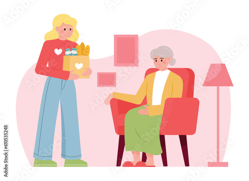Young woman in uniform helping elderly lady and giving food. Volunteering organization member. Cartoon character helping old people. Flat vector illustration in red colors