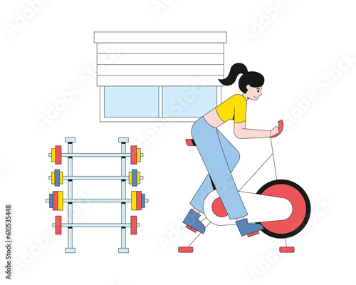 Cartoon girl engaged on exercise bike in gym. Athletic people doing workout. Time for sports exercises and morning training. Active and healthy lifestyle. Vector illustration