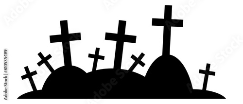 Cemetery black silhouette. Graves with crosses for Halloween design. Cemetery icon. Vector illustration isolated on white background.