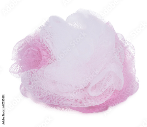 Pink rose plastic net shower sponge aka Bath puff, Bath Body Scrubber Loofah isolated on soft pink background.