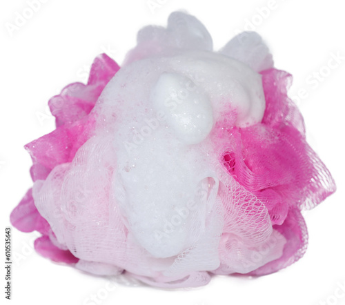 Soft plastic net shower puff or bath sponge with soft foam on top isolated on white background.