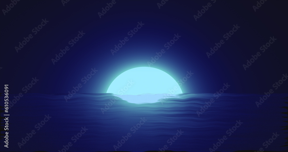 Abstract blue moon over water sea and horizon with reflections background