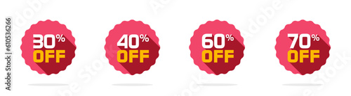 Price sale tag discount off icon vector set flat clipart, red 30 40 60 70 yellow badge label sticker modern round rosette star promotion offer element image clip art