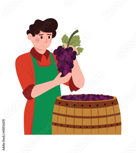 Guy squeezes grapes into barrel. Cartoon character dealing with wine production. Young man growing organic grapes to make alcohol drinks. Time for vinification. Vector illustration