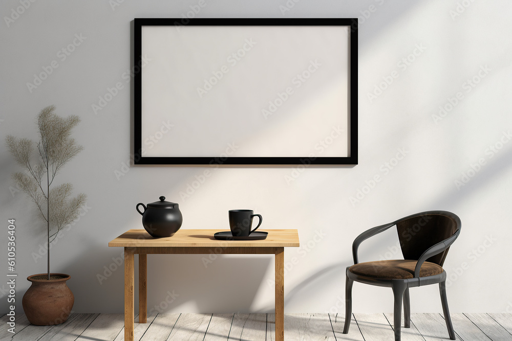 A table in front of a wall with a frame on it. Minimalistic interior design composition. Generative AI A table in front of a wall with a frame on it. Minimalistic interior design composition. Generative AI