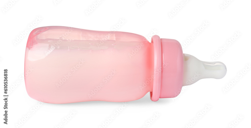 One feeding bottle with milk on white background One feeding bottle with milk on white background