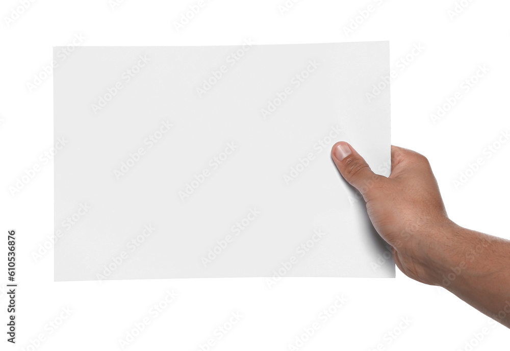 Man holding sheet of paper on white background, closeup. Mockup for design Man holding sheet of paper on white background, closeup. Mockup for design