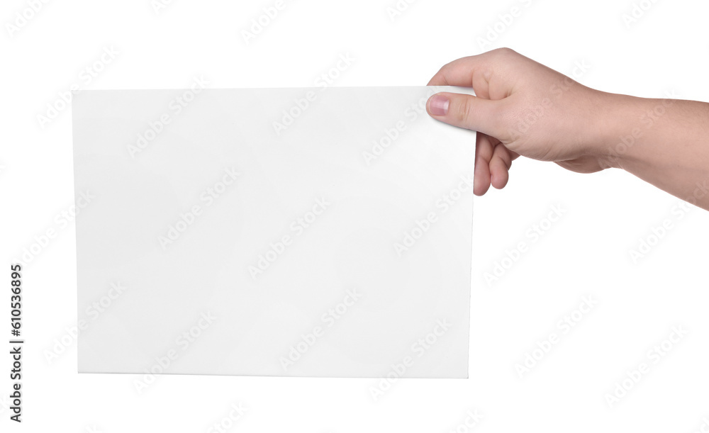 Woman holding sheet of paper on white background, closeup. Mockup for design Woman holding sheet of paper on white background, closeup. Mockup for design
