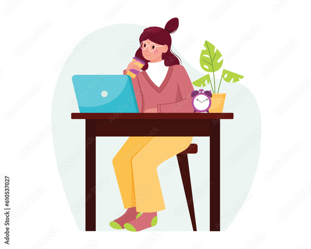 Cartoon thoughtful girl works on laptop at desk from home. Time management strategy for freelancers working in cozy environment. Idea of doing distant job. Vector Cartoon thoughtful girl works on laptop at desk from home. Time management strategy for freelancers working in cozy environment. Idea of doing distant job. Vector