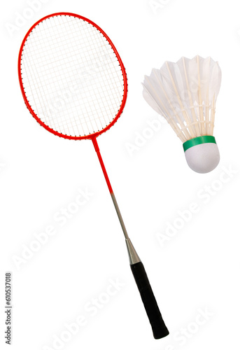Badminton Racket and Badminton ball on white background, White Badminton ball on White Background PNG file.