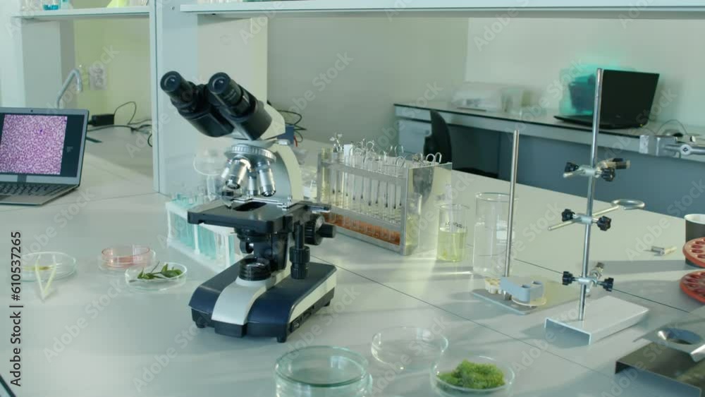 No people arc medium closeup of desk full of petri dishes with probes and microscope on it in chemical laboratory at daytime No people arc medium closeup of desk full of petri dishes with probes and microscope on it in chemical laboratory at daytime