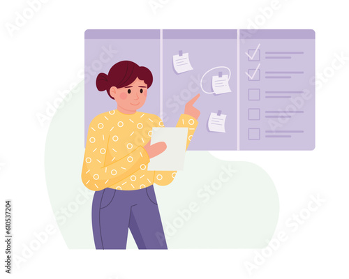 Happy girl looks at sheet of paper and checks tasks for today. Employees improving efficiency when working. Time management strategy. Vector illustration on white background