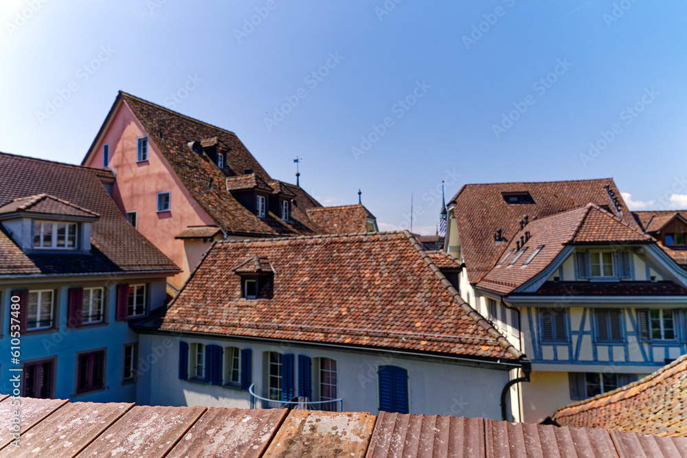 Scenic view of the old town of Swiss City of Zug on a sunny spring day. Photo taken May 22nd, 2023, Zug, Switzerland.
