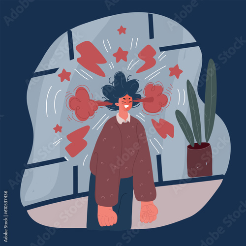 Cartoon vector illustration of woman expressing anger, wrath, rage, fury. Bundle of angry, grumpy, irate or furious people