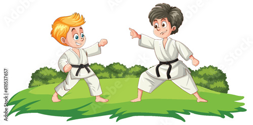 Two boys practicing judo