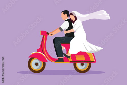 Graphic flat design drawing happy married couple riding motorcycle. Man driving scooter and woman are passenger while hugging wearing wedding dress. Driving safely. Cartoon style vector illustration