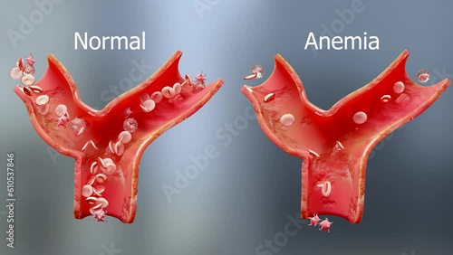 Anemia amount of blood cell or hemoglobin and normal. Aplastic anemia, normal and abnormal blood cell and platelets count, circulation in an artery or vein, Anaemia Disease, Iron deficiency, 3d render photo