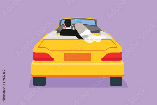 Cartoon flat style drawing back view of loving couple sitting and hugging in convertible car. Man and woman getting ready for wedding. Engagement and love relations. Graphic design vector illustration