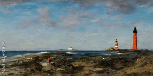 Very interesting landscape on the shore of the sea with the beach and the lighthouse in the background.