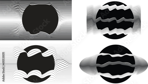 Abstract motion graphic design background . Black circle and horizontal lines . Transition shapes . Movement composition . Vector illustration