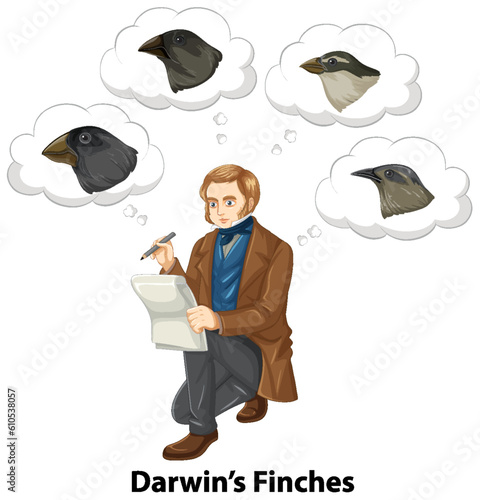 Charles Darwin thinking about finches birds photo