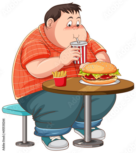 Overweight man eating fast food on the table isolated