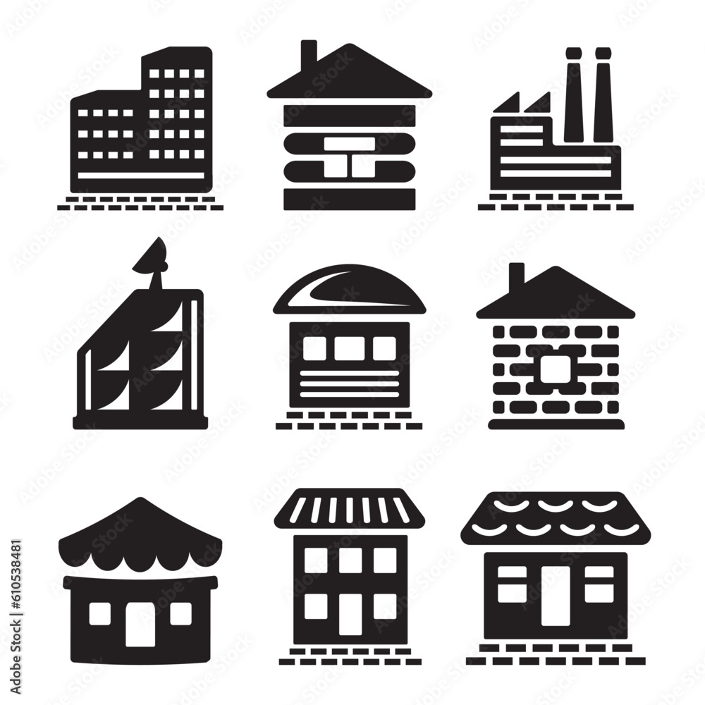 A set of vector icons of real estate, houses and buildings.