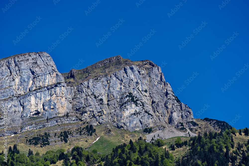 Beautiful mountain panorama with woodland and peak in the Swiss Alps at lakeshore of Lake Lucerne on a sunny spring morning. Photo taken May 22nd, 2023, Sisikon, Switzerland.