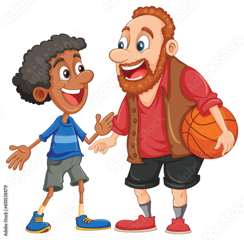 Middle age caucasian man playing basketball with Afro African boy