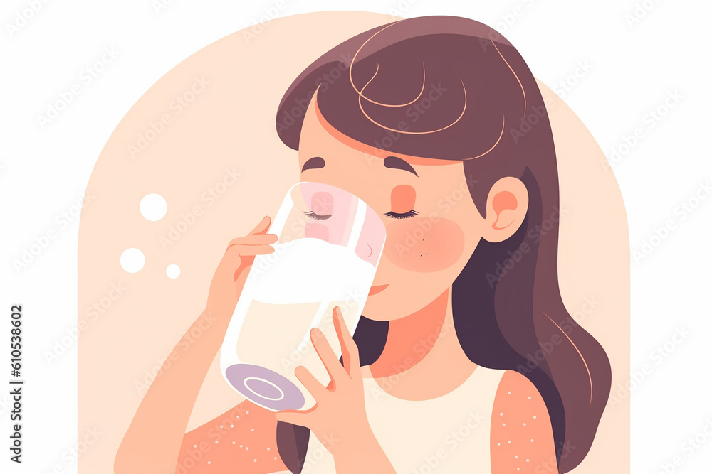 Generative AI. A set young happy woman with a glass of milk in her hand. Childs nutrition. Drink Milk.children consuming drinks, concept of healthy diet and hydration. Generative AI. A set young happy woman with a glass of milk in her hand. Childs nutrition. Drink Milk.children consuming drinks, concept of healthy diet and hydration.