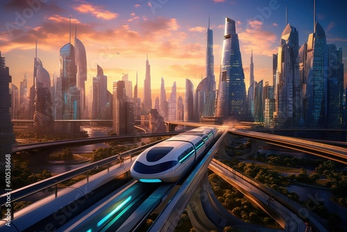 future transportation in the futuristic city 