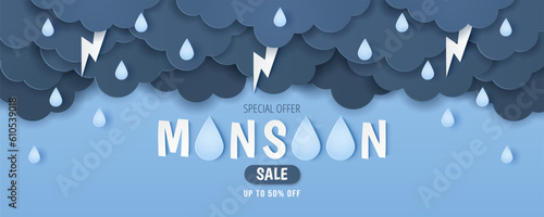Paper cut of monsoon sale offer banner template with clouds, rain drop and  lightning on blue background. Vector illustration