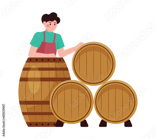Positive guy stands next to wine barrels. Cartoon male dealing with wine production. Young man growing organic grapes to make alcohol drinks. Time for vinification. Vector