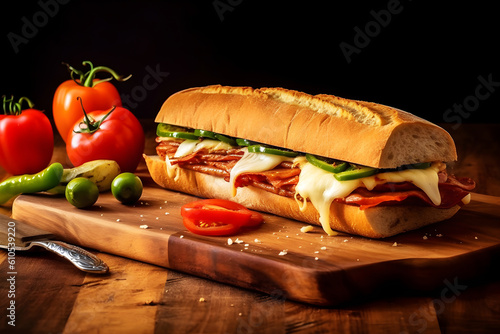 Juicy Cheesesteak sandwich with sides on a brown plate. Dark food photography
