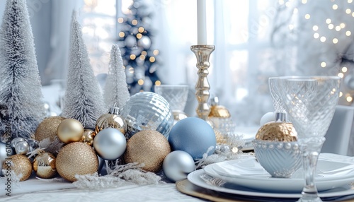 Luxury Christmas decorations, baubles, with dry grass. Festive scene in gold and light blue. Candles and subtil luminosity. Generative AI.