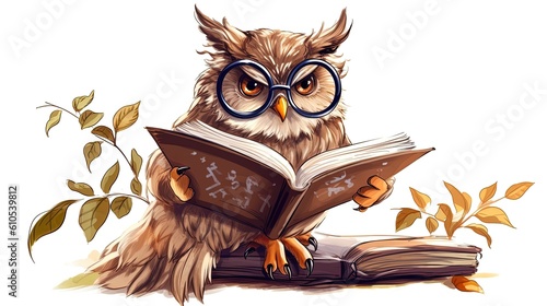 Owl reading a book while sitting on a branch on white background. Cartoon character. Cartoon illustration, Generative Ai