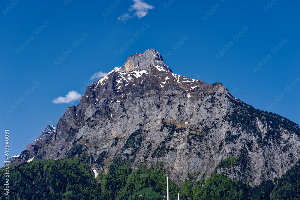Beautiful mountain panorama with woodland and peak in the Swiss Alps at lakeshore of Lake Lucerne on a sunny spring morning. Photo taken May 22nd, 2023, Flüelen, Switzerland. Beautiful mountain panorama with woodland and peak in the Swiss Alps at lakeshore of Lake Lucerne on a sunny spring morning. Photo taken May 22nd, 2023, Flüelen, Switzerland.