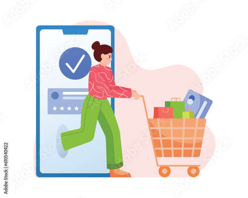 Cartoon girl comes out of mobile app with shopping cart. Purchasing goods via Internet during big sales and discounts. Consumer society and commercial business. Vector