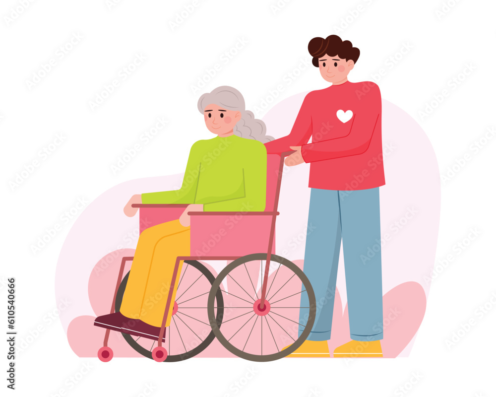 Young man working in volunteering organization, carrying lady in wheelchair. Cartoon character helping old people. Working in donation and charity center. Flat vector illustration in red colors Young man working in volunteering organization, carrying lady in wheelchair. Cartoon character helping old people. Working in donation and charity center. Flat vector illustration in red colors
